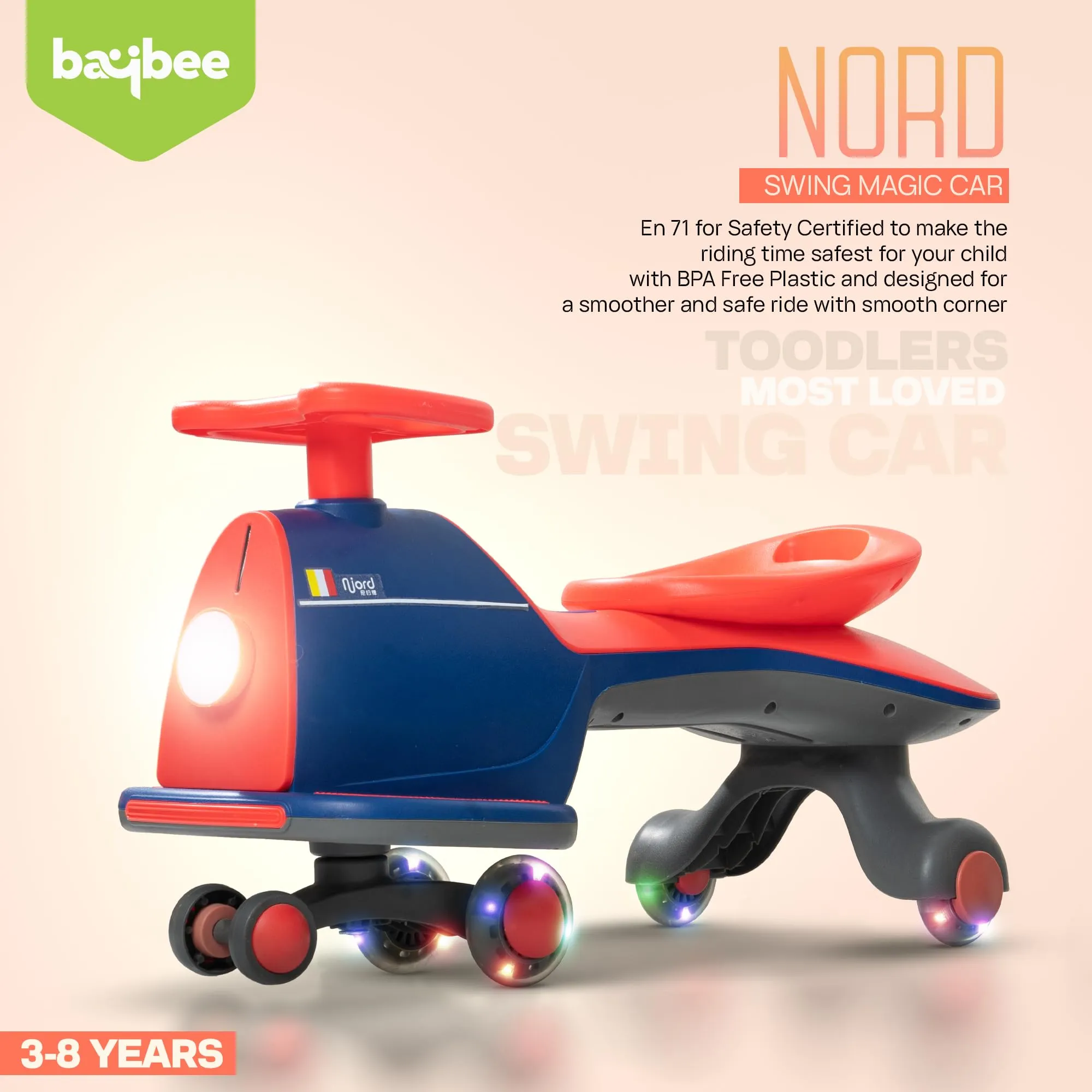 Baybee Nord Kids Magic Swing Cars for Kids, Twister Ride on Toy Kids Car with Music, Flashing LED PU Wheels & Light | Push Ride on Baby Car | Magic Car for Kids 3 to 8 Years Boys Girls (Red/Blue)