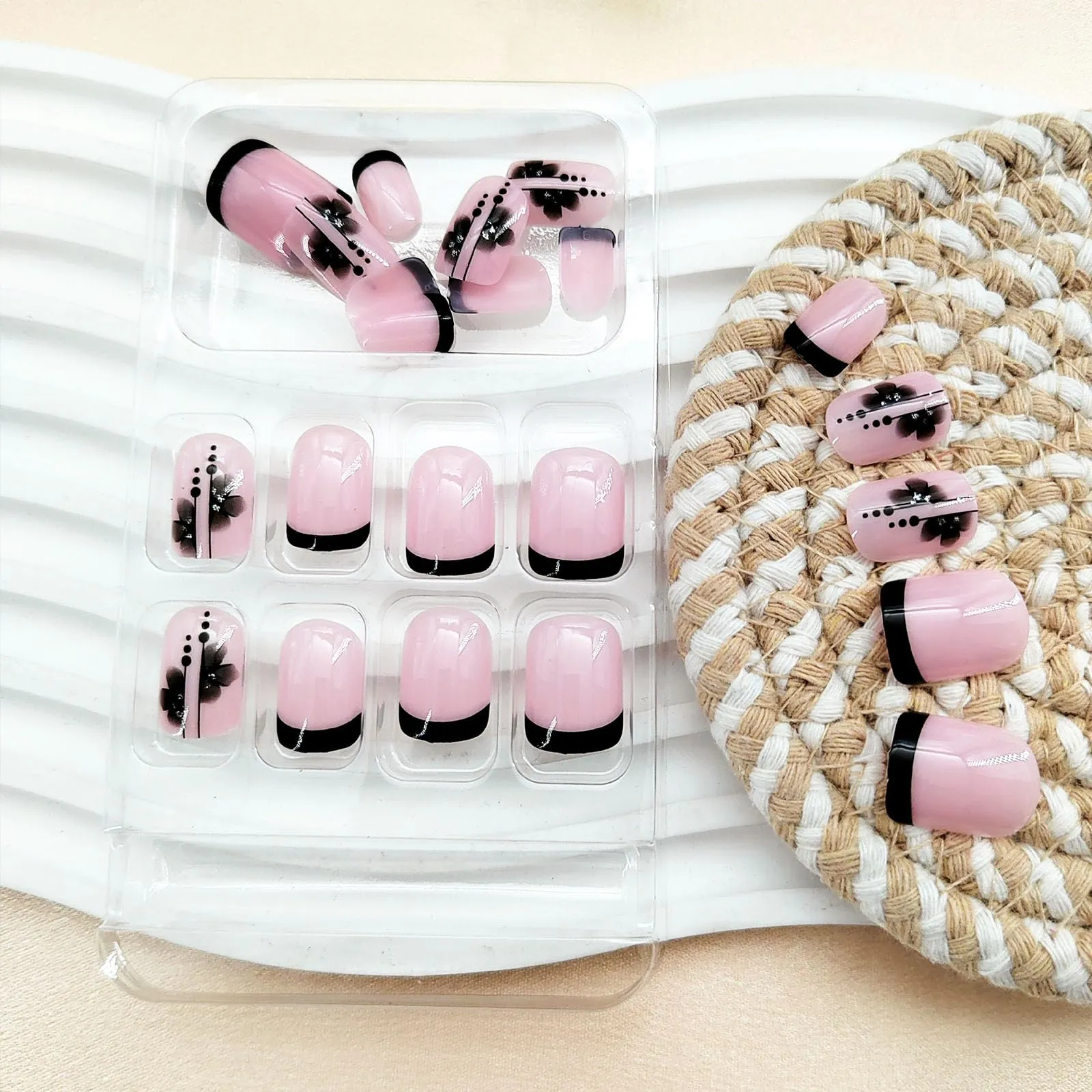 Black French Tip Press on Nails Short Square Fake Nails with Flower Designs Nude Acrylic Nails Press ons Full Cover Glue on Nails Glossy Artificial Stick on Nails for Women Girls 24 Pcs