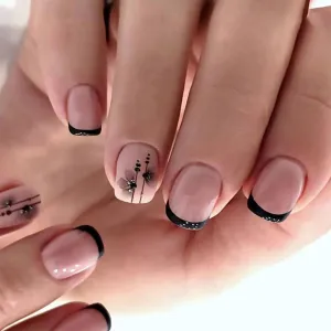 Black French Tip Press on Nails Short Square Fake Nails with Flower Designs Nude Acrylic Nails Press ons Full Cover Glue on Nails Glossy Artificial Stick on Nails for Women Girls 24 Pcs