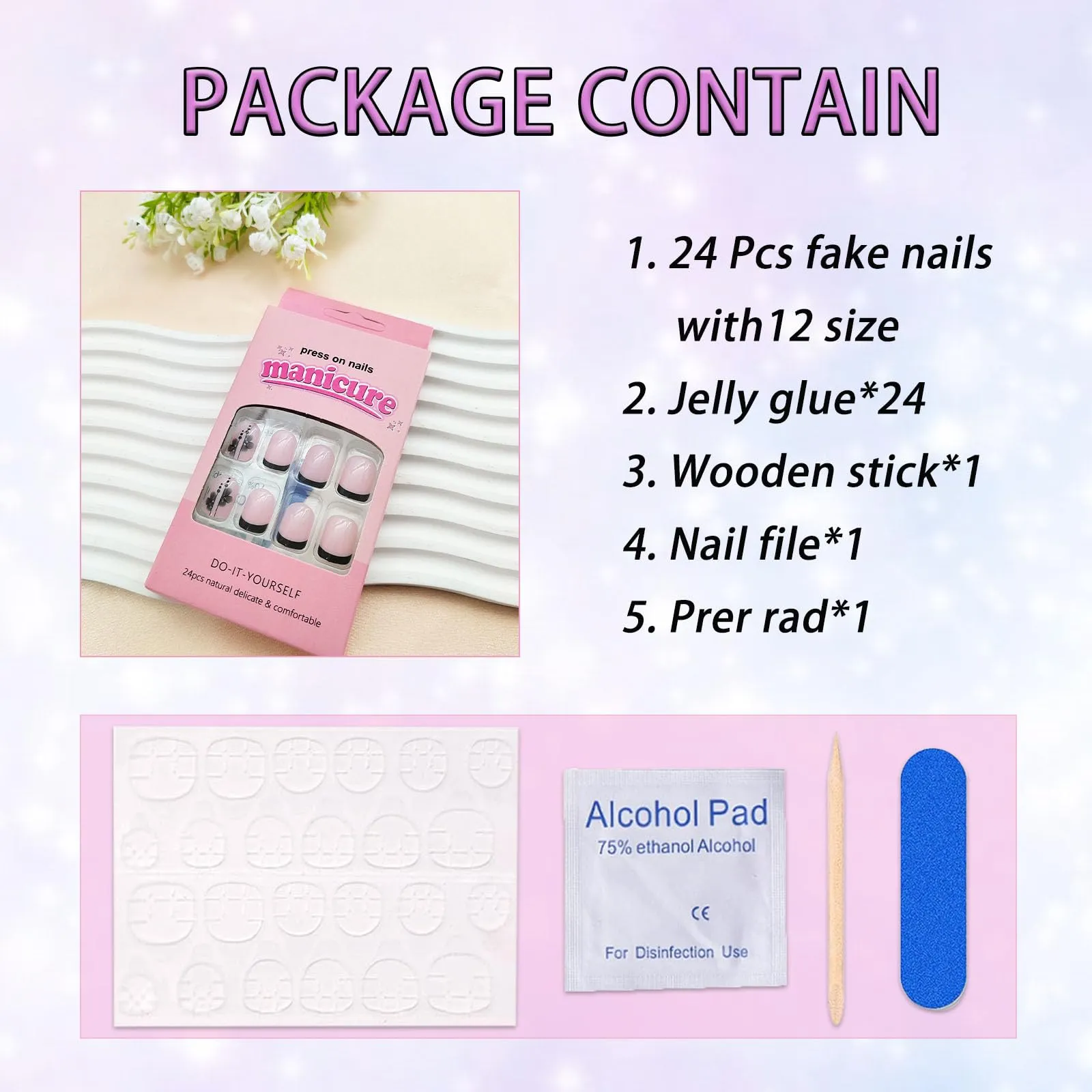 Black French Tip Press on Nails Short Square Fake Nails with Flower Designs Nude Acrylic Nails Press ons Full Cover Glue on Nails Glossy Artificial Stick on Nails for Women Girls 24 Pcs