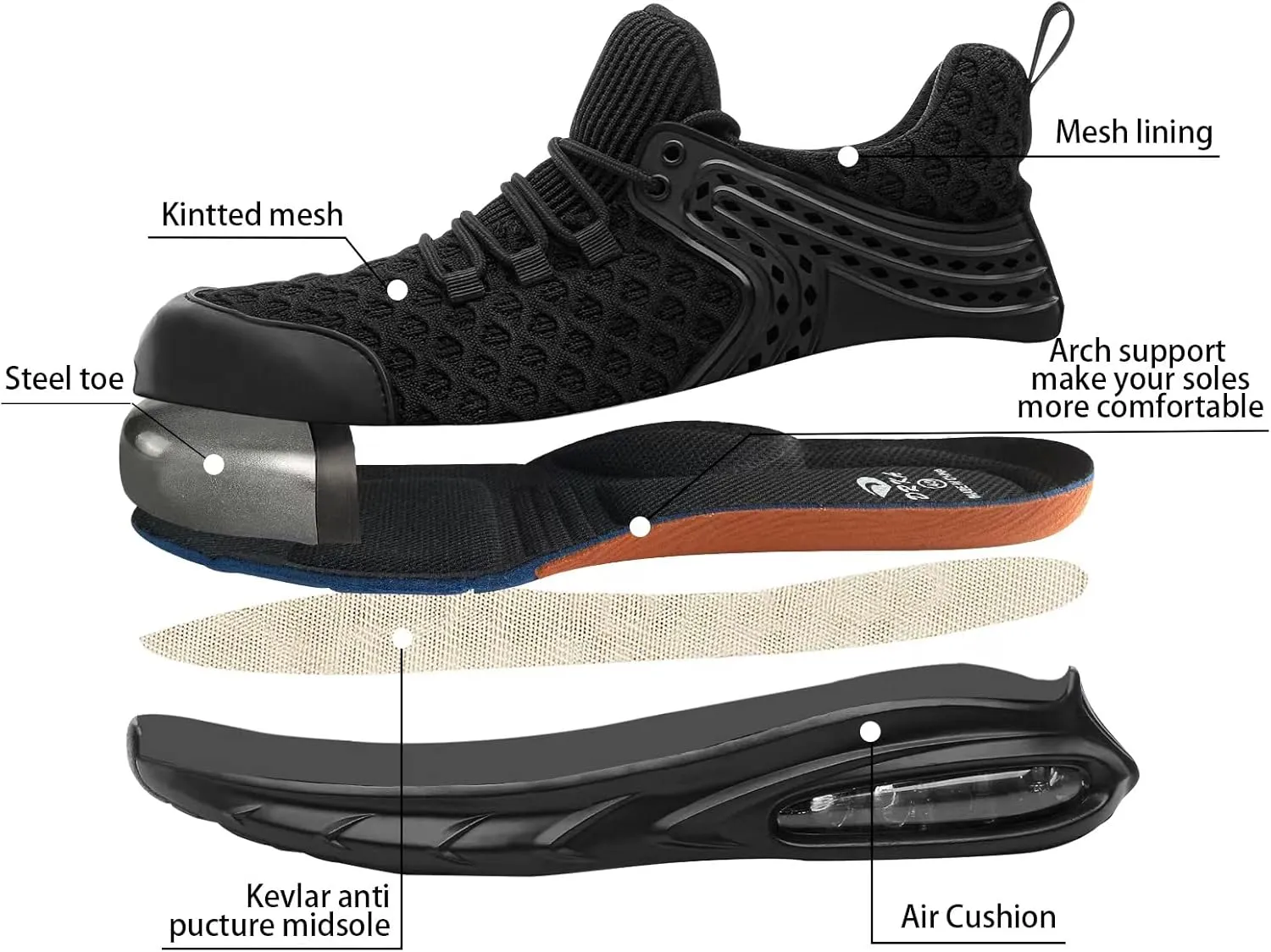 DRKA Steel Toe Shoes for Men,Lightweight Breathable Air Cushion Sneaker,Mens Indestructible Shoes,Slip Resistant Comfortable Safety Work Shoes Industrial Construction Footwear