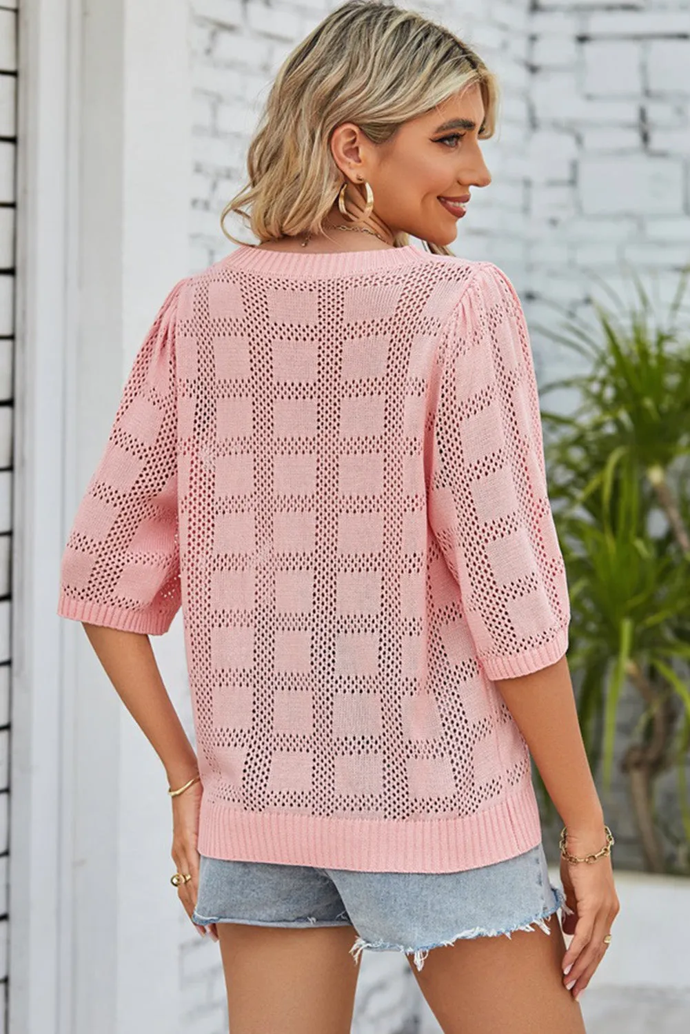 Eyelet Checker Knit Half Sleeve Top