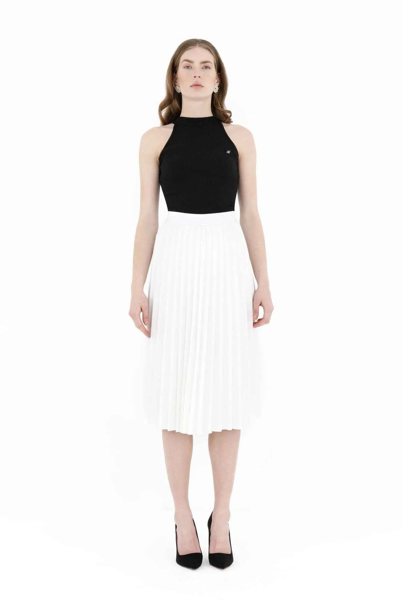 G-Line White Pleated Skirt Below the Knee