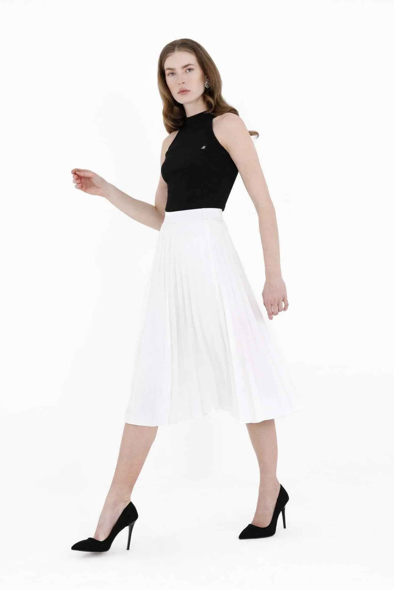 G-Line White Pleated Skirt Below the Knee