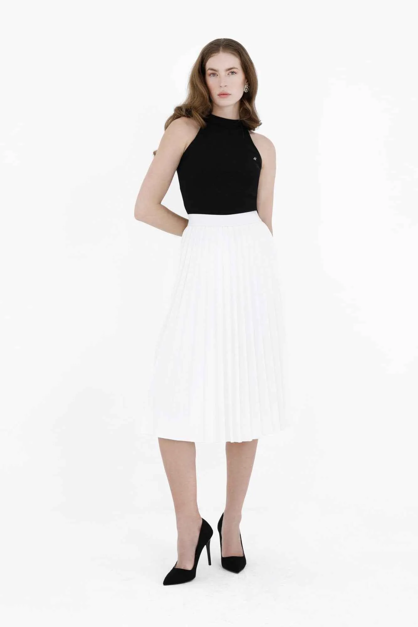 G-Line White Pleated Skirt Below the Knee