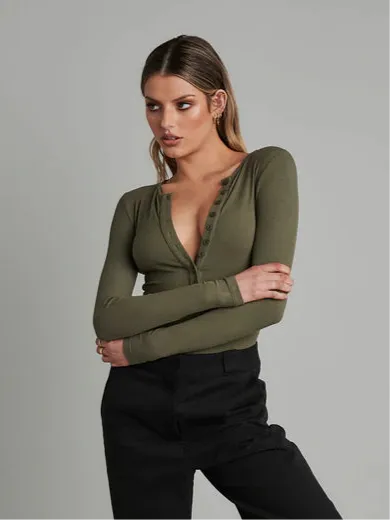 Long Sleeve Crew Neck Button Down Bodysuit