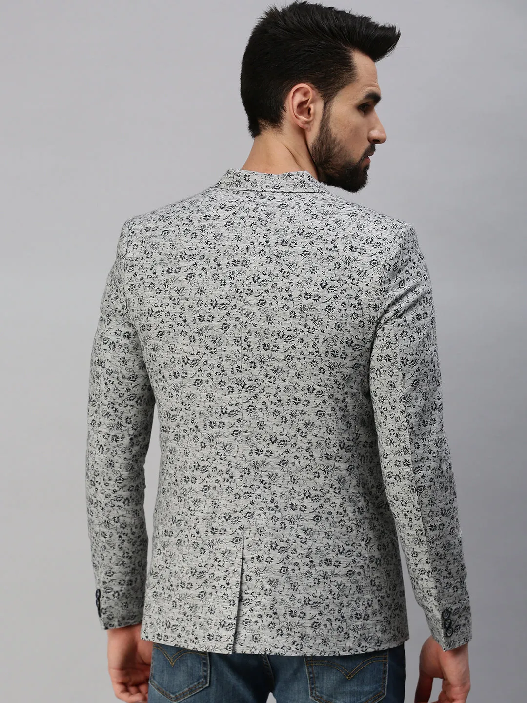 Men Grey Printed Single-Breasted Blazers