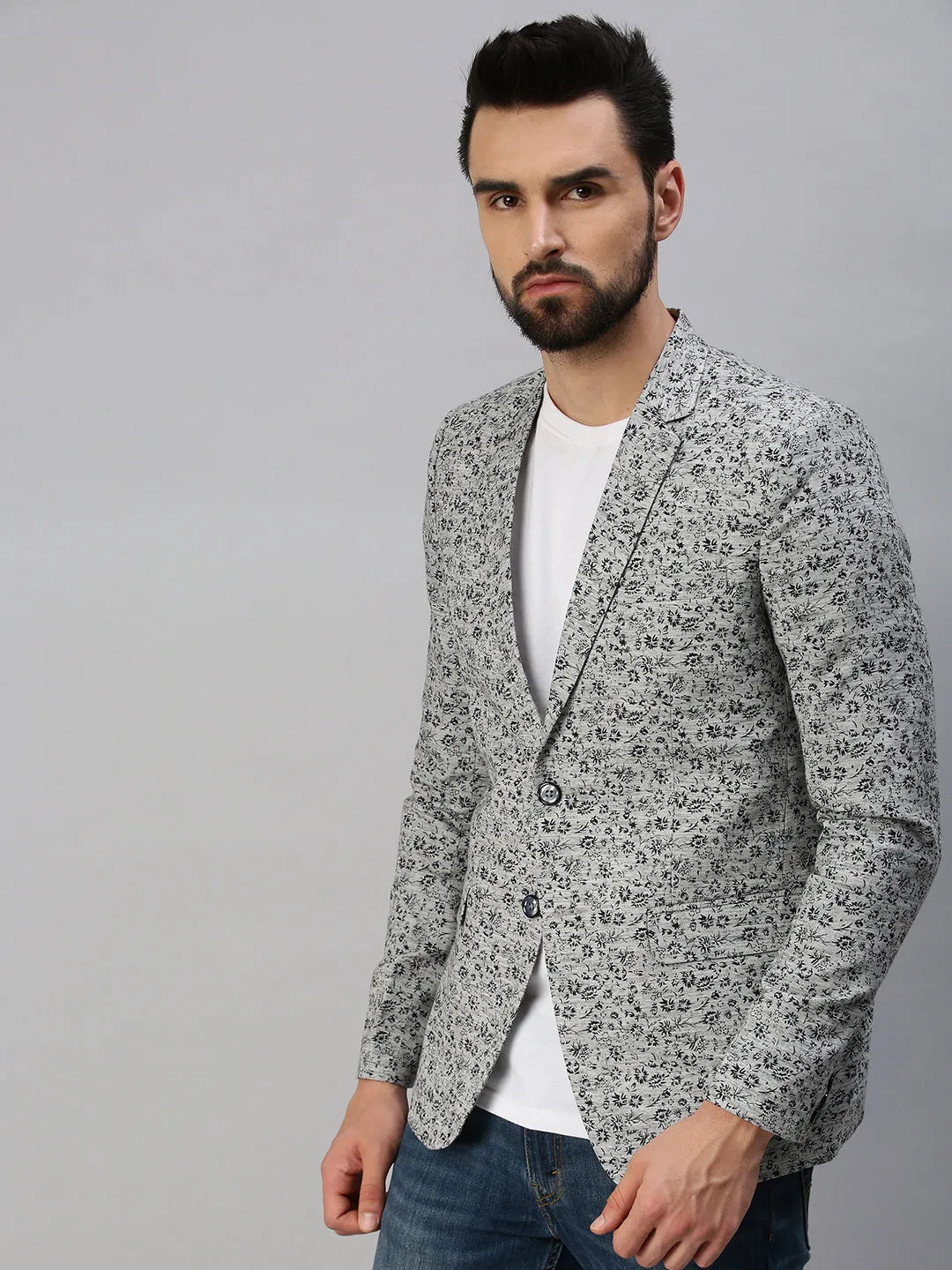 Men Grey Printed Single-Breasted Blazers