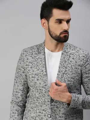 Men Grey Printed Single-Breasted Blazers
