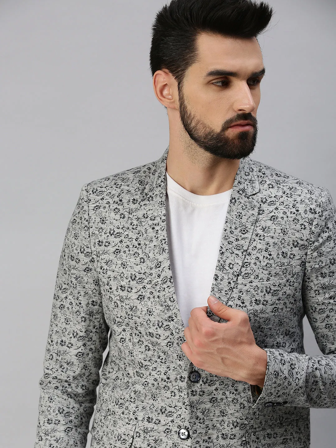 Men Grey Printed Single-Breasted Blazers