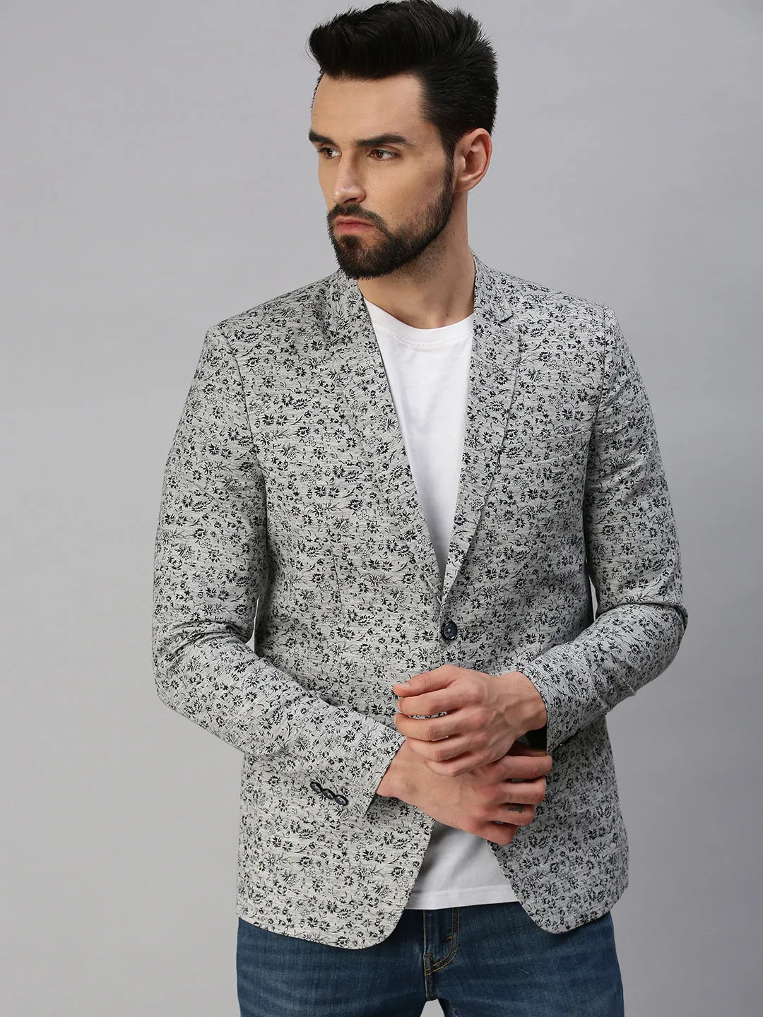 Men Grey Printed Single-Breasted Blazers