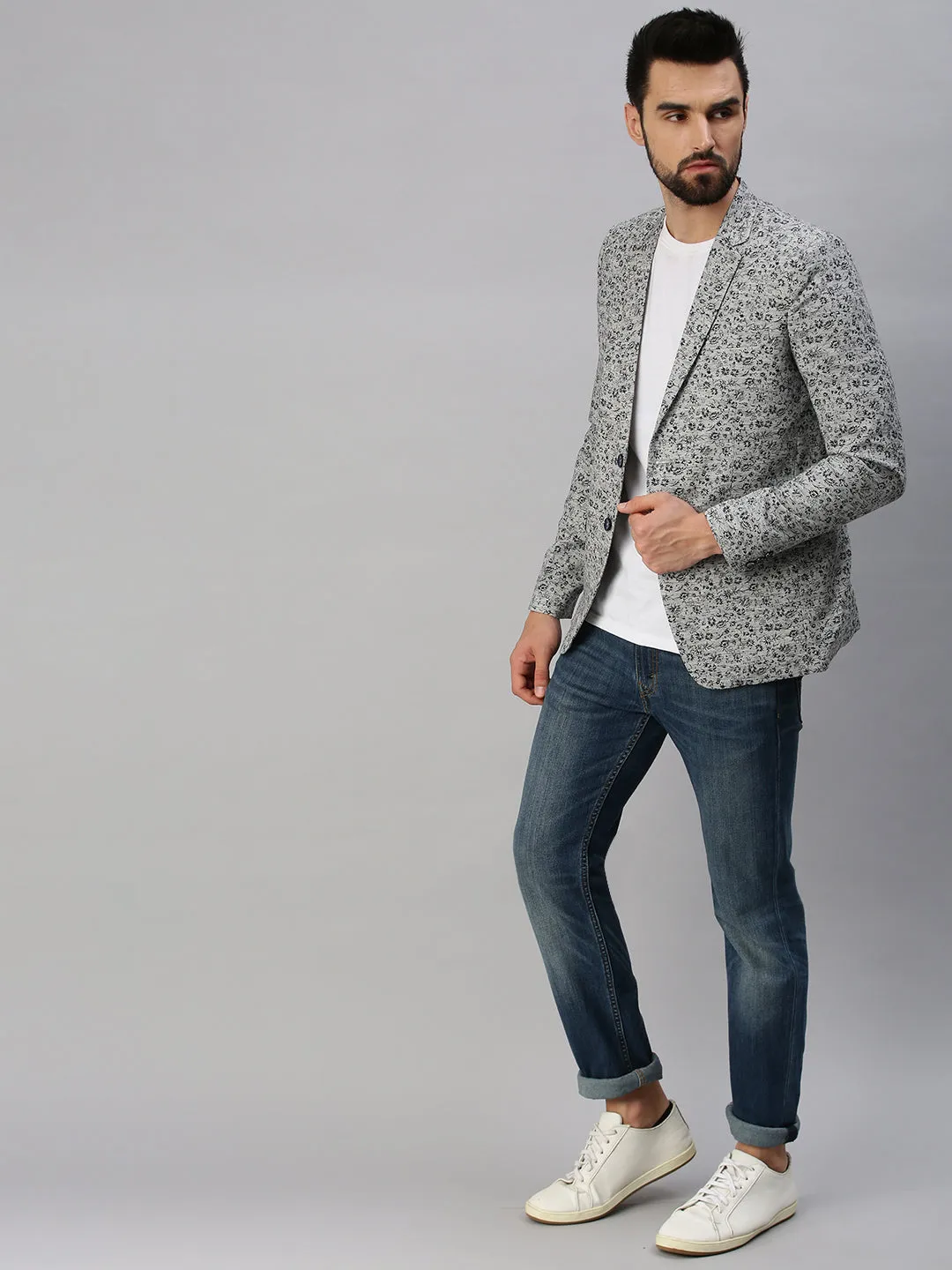 Men Grey Printed Single-Breasted Blazers
