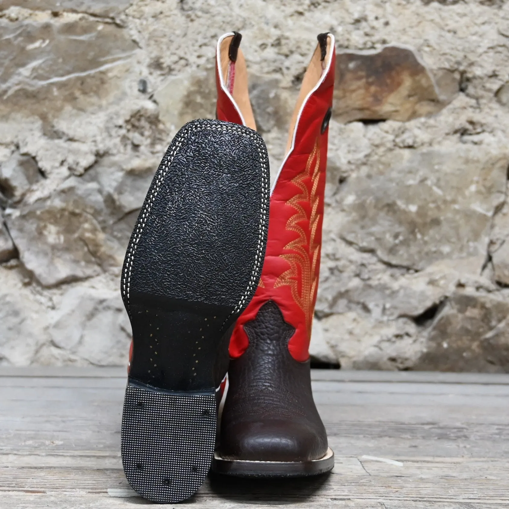 Nutted Calf Men's 16" Boot with Red Top and Chocolate Bullhide Vamp