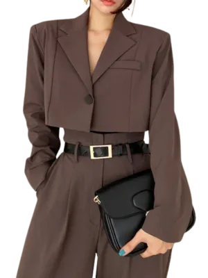 Office Lady Blazer Suits Vintage Two Piece Set Women Long Sleeve Short Blazer  High Waist Wide Leg Long Pants 2 Piece Outfits