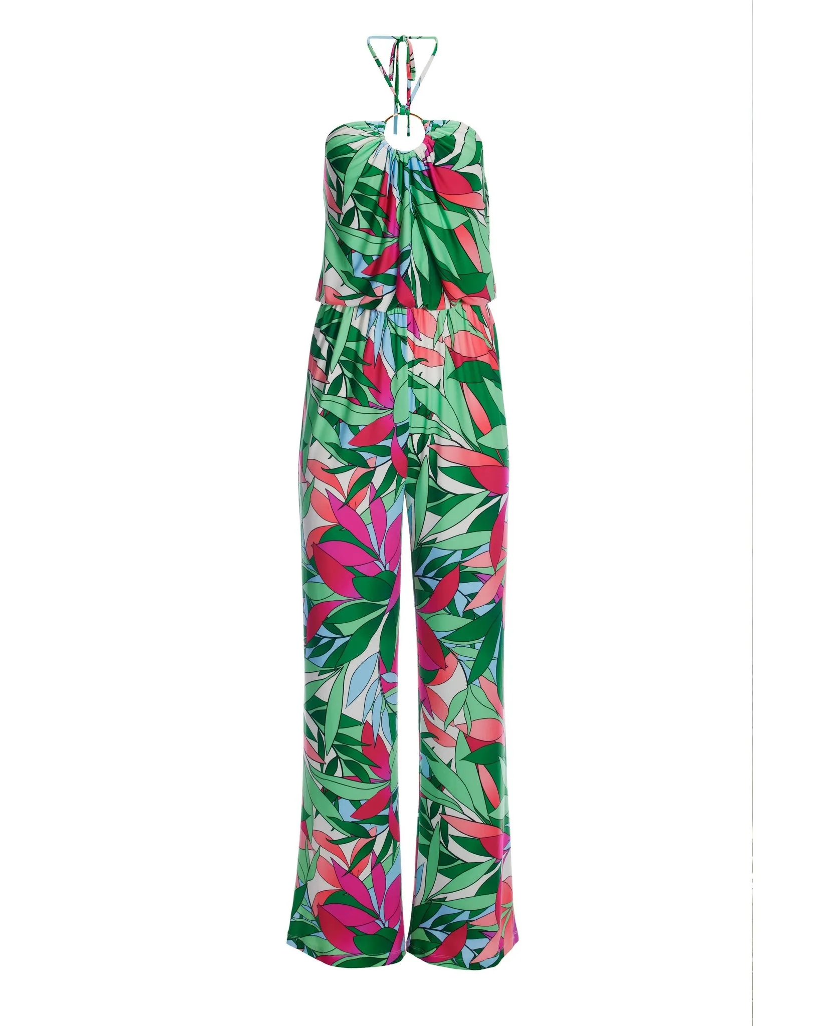 Palm Print Ring Detail Knit Blouson Jumpsuit Multi