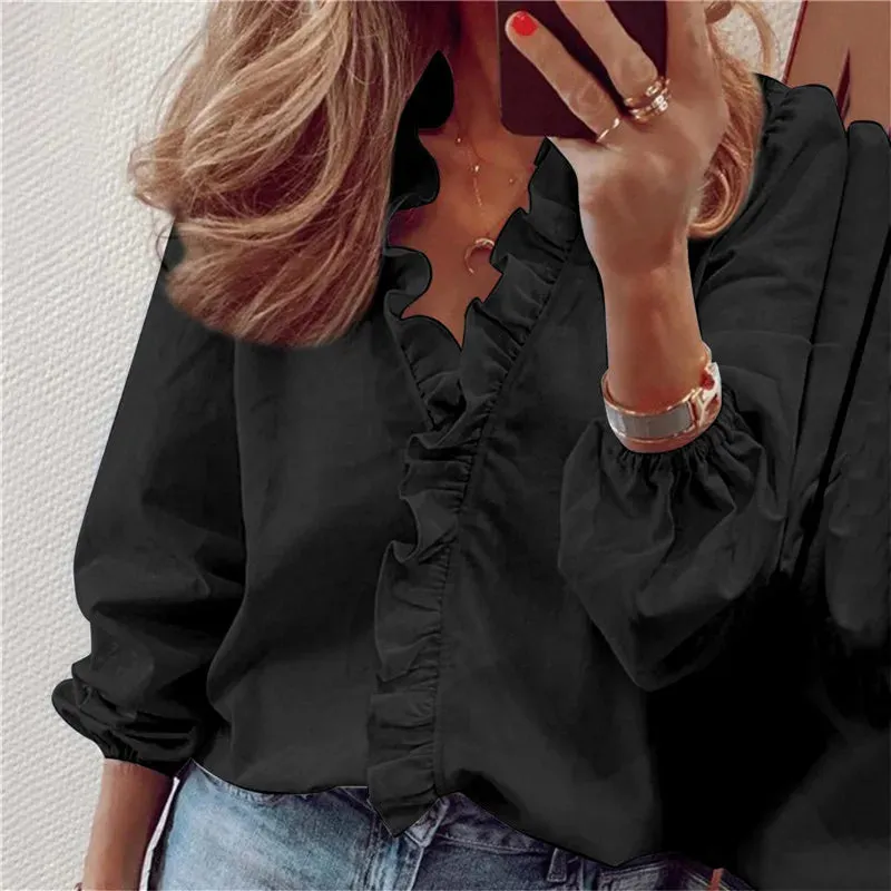 Ruffle V-Neck Casual Shirt