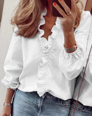 Ruffle V-Neck Casual Shirt