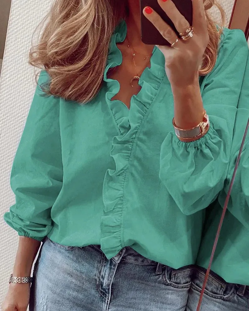 Ruffle V-Neck Casual Shirt