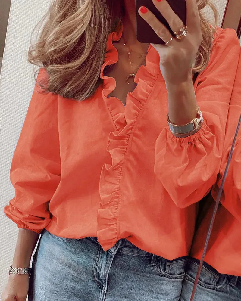 Ruffle V-Neck Casual Shirt