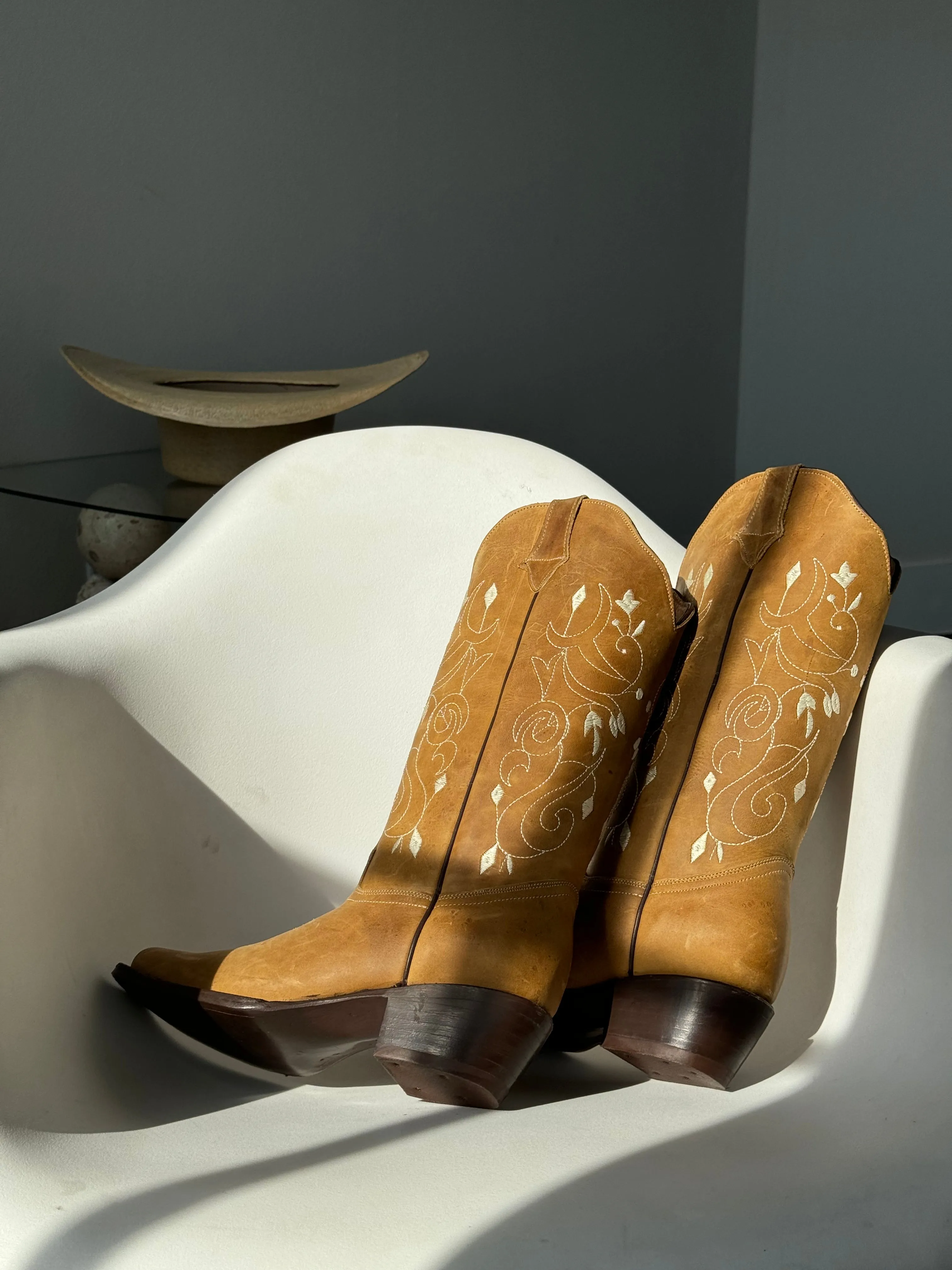Sadie Genuine Leather Floral Cowboy Boot In Desert Tan