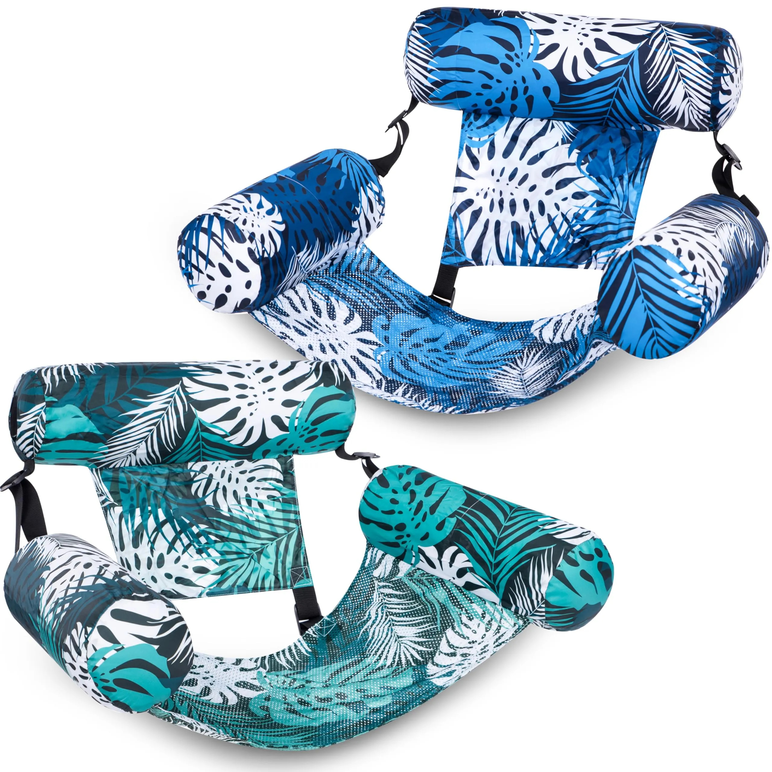 Sloosh Pool Floats Adult, 2 Packs Inflatable Pool Lounge Chairs,Blow up Hammock Pool Noodles Floats for Adults,Floating Water Chair for Pool Party Lake River Water Fun(Tropical Leaves-Green,Blue)