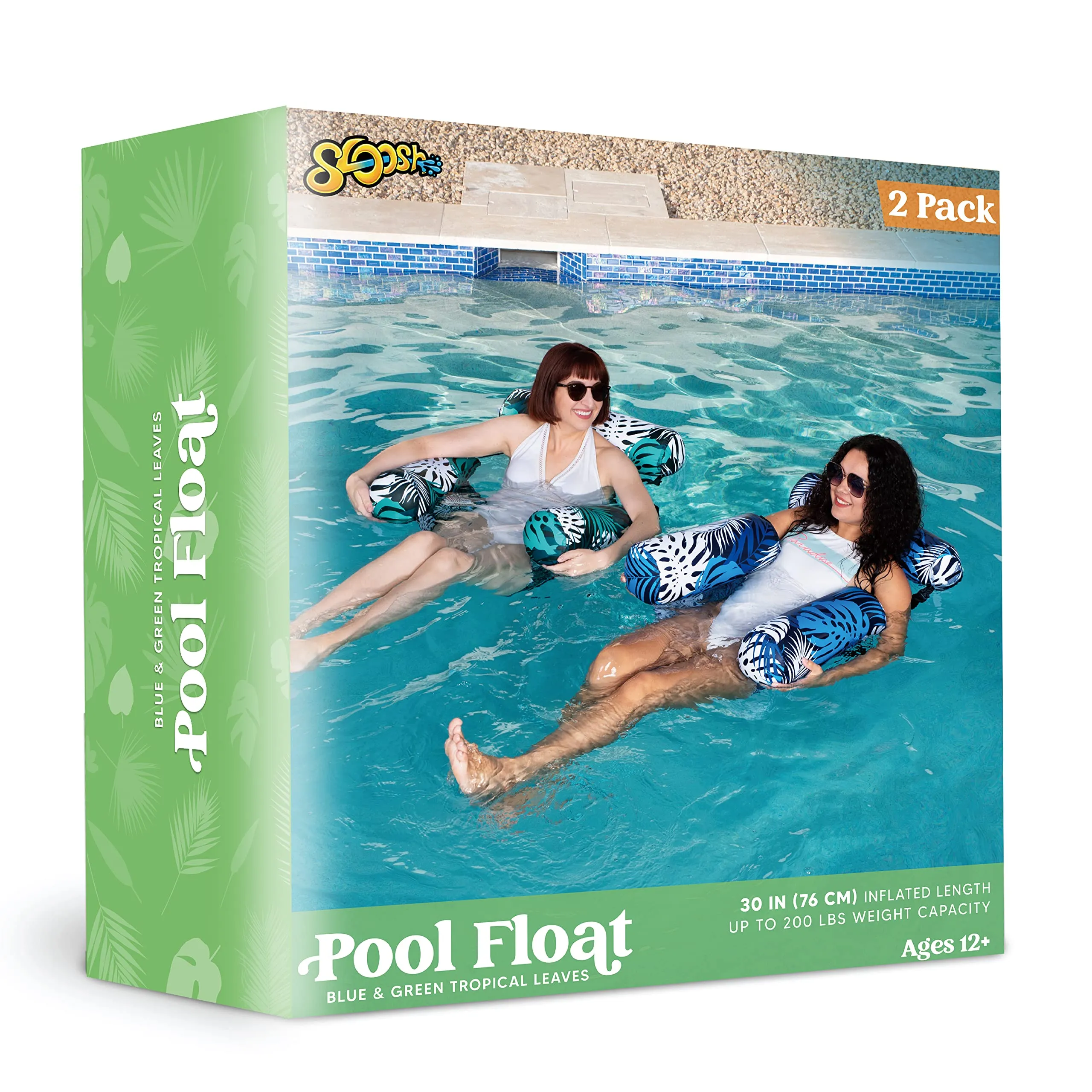 Sloosh Pool Floats Adult, 2 Packs Inflatable Pool Lounge Chairs,Blow up Hammock Pool Noodles Floats for Adults,Floating Water Chair for Pool Party Lake River Water Fun(Tropical Leaves-Green,Blue)