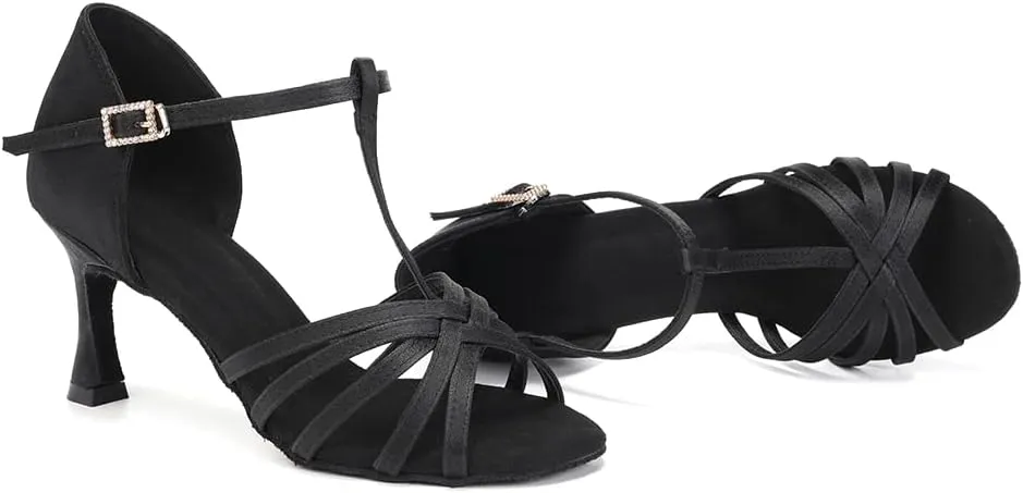 SWDZM Womens T-Strap Latin Salsa Ballroom Dance Heels Open Toe Comfortable Professional Dance Shoes