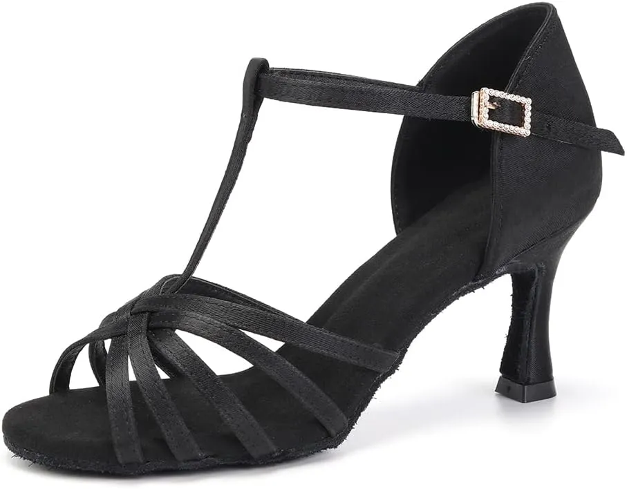 SWDZM Womens T-Strap Latin Salsa Ballroom Dance Heels Open Toe Comfortable Professional Dance Shoes