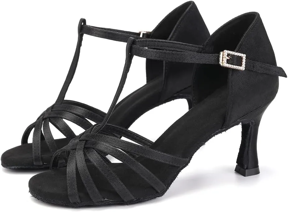 SWDZM Womens T-Strap Latin Salsa Ballroom Dance Heels Open Toe Comfortable Professional Dance Shoes