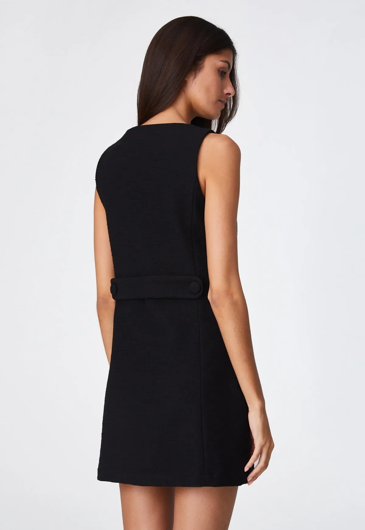 THE SLEEVELESS BELTED MINI DRESS in BLACK TEXTURED COTTON