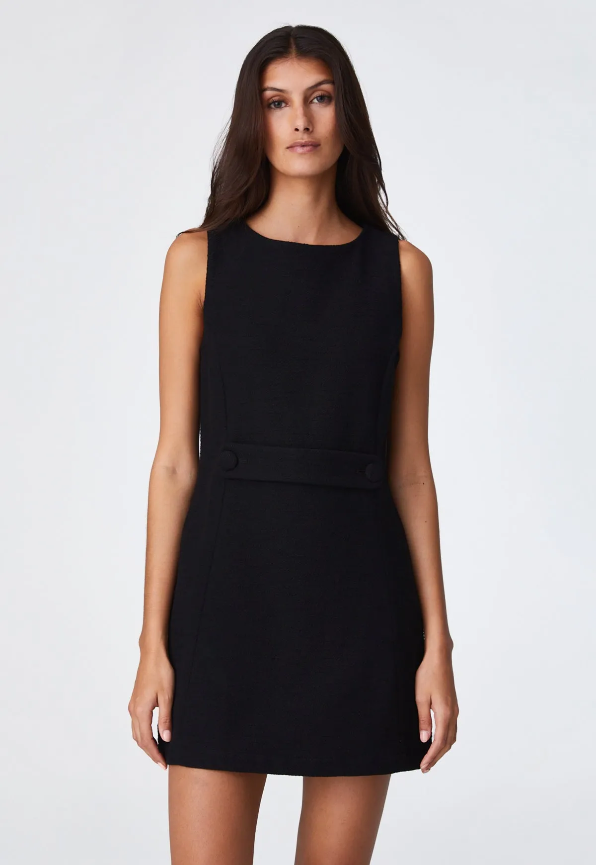 THE SLEEVELESS BELTED MINI DRESS in BLACK TEXTURED COTTON