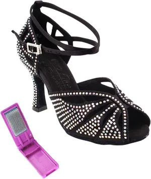 Very Fine Dance Shoes - Ladies Latin, Rhythm, Salsa, Waltz Ballroom Dance Shoes - S1003CC - 2.5-inch Heel and Foldable Brush Bundle - Black Satin - 7