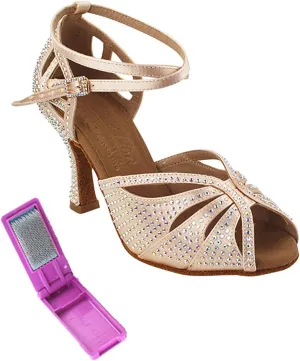 Very Fine Dance Shoes - Ladies Latin, Rhythm, Salsa, Waltz Ballroom Dance Shoes - S1003CC - 2.5-inch Heel and Foldable Brush Bundle - Flesh Satin - 6