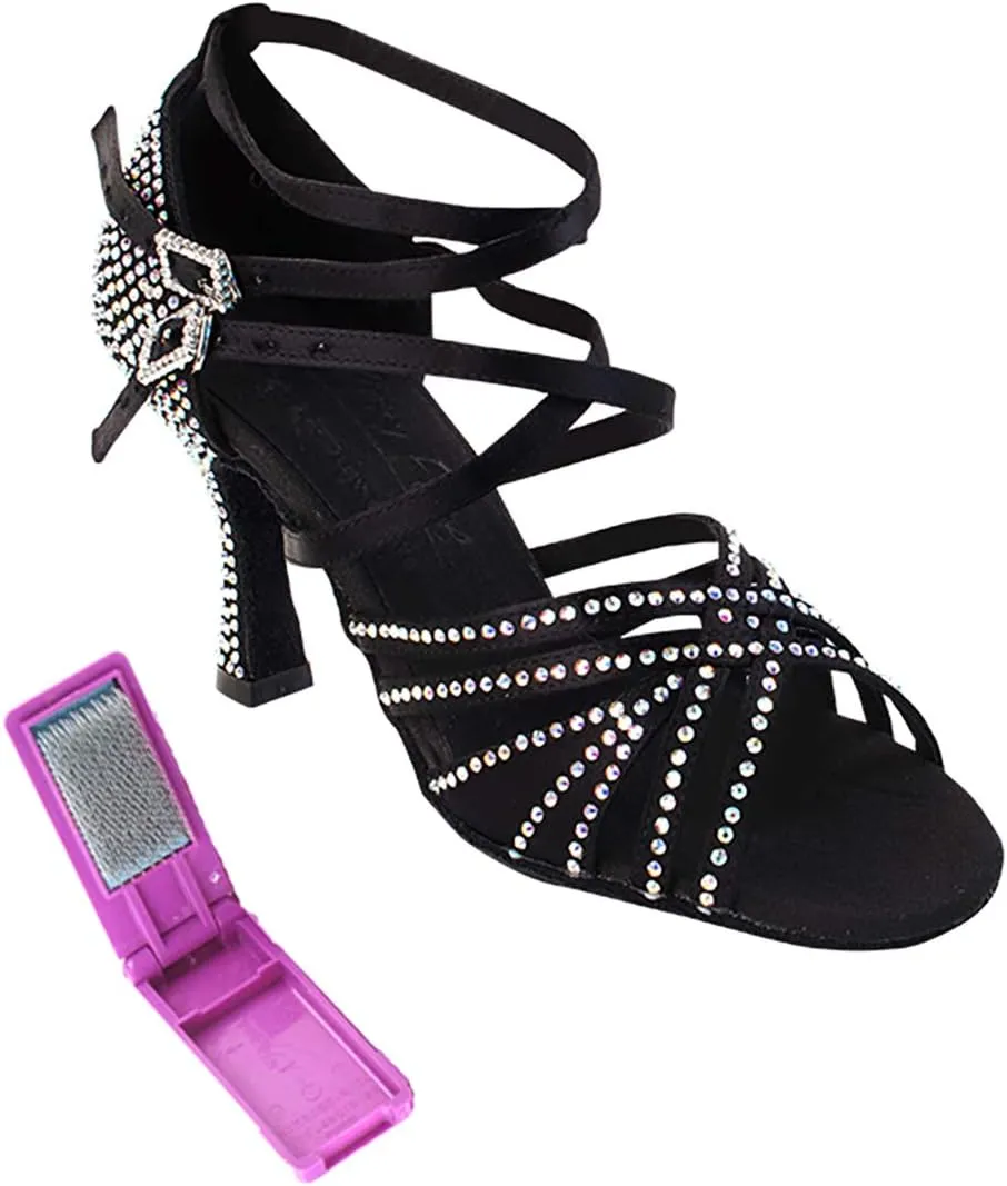 Very Fine Dance Shoes - Ladies Latin, Rhythm, Salsa, Waltz Ballroom Dance Shoes - S1006CC - 3-inch Heel and Foldable Brush Bundle - Black Satin - 6