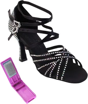 Very Fine Dance Shoes - Ladies Latin, Rhythm, Salsa, Waltz Ballroom Dance Shoes - S1006CC - 3-inch Heel and Foldable Brush Bundle - Black Satin - 6