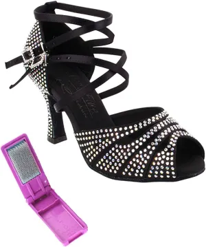 Very Fine Dance Shoes - Ladies Latin, Rhythm, Salsa, Waltz Ballroom Dance Shoes - S1007CC - 2.5-inch Heel and Foldable Brush Bundle - Black Satin - 7.5