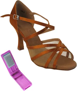 Very Fine Dance Shoes - Ladies Latin, Rhythm, Salsa, Waltz Ballroom Dance Shoes - SERA1605-3-inch Heel and Foldable Brush Bundle - Dark Tan Satin - Flesh Mesh - 7