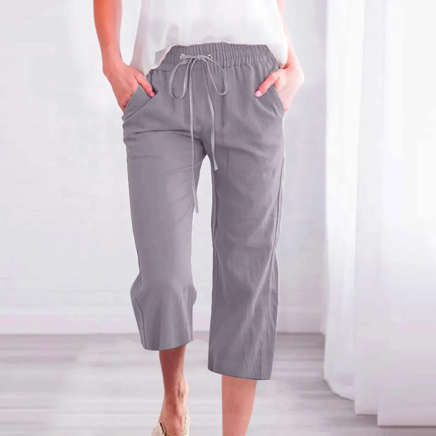 Women Casual Striped Shorts Drawstring Comfy Elastic Waist Beach Shorts Pockets Mid-Rise Straight Leg Bermuda Cropped Short