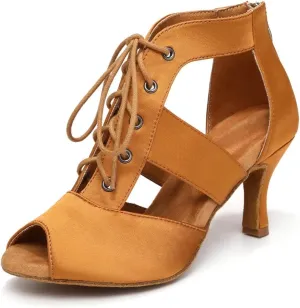 Women's Ballroom Dancing Boots Open Toe Lace Up Ankle Dance Boots Latin Salsa Practice Performance Dance Heels