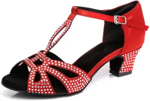 Women's Glitter Rhinestones Peep Toe Satin Ballroom Tango Party Wedding Practice Professional Dance Shoes Red US 9