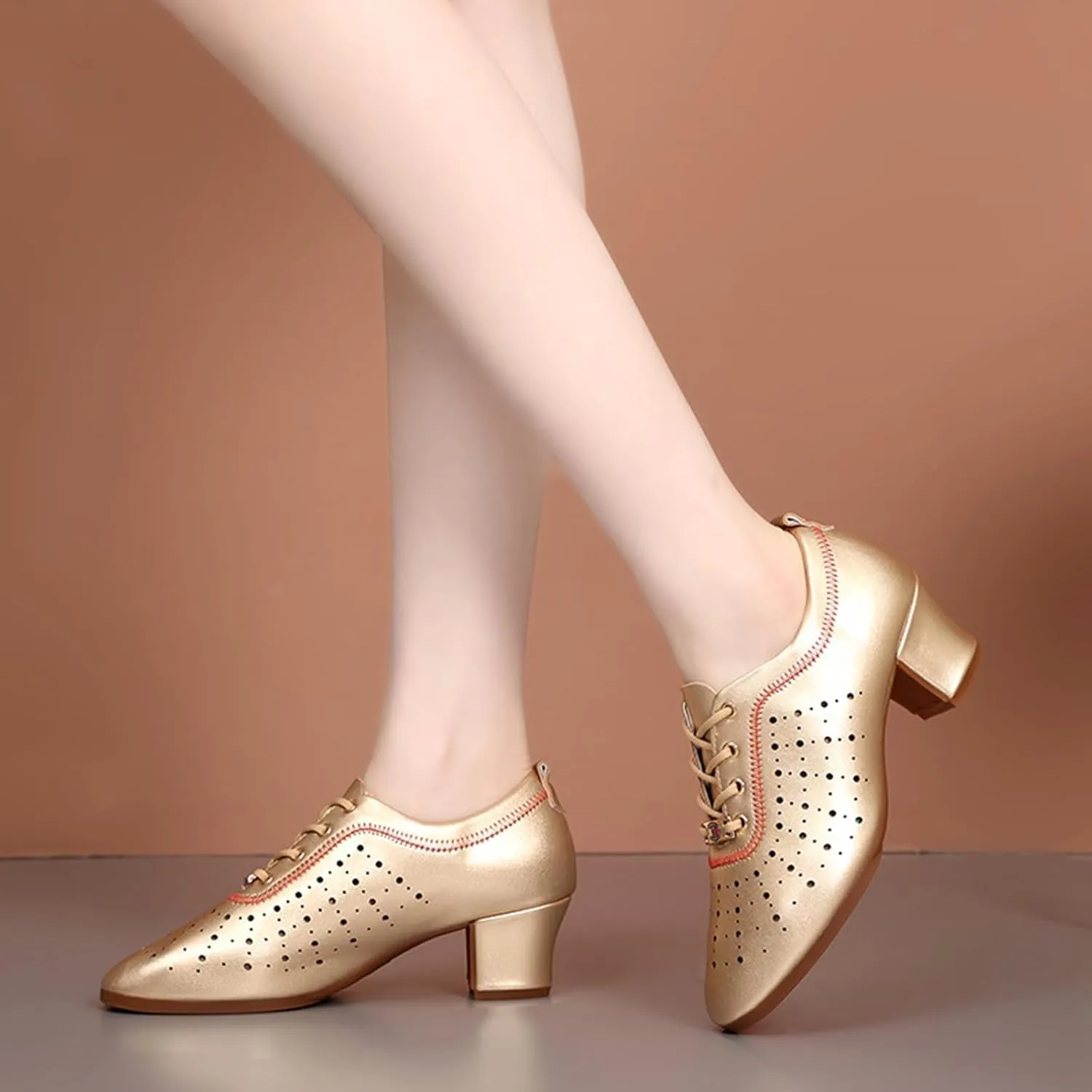 Women's Lace-Up Leather Latin Dance Shoes Ballroom 5Cm Heel with Split Sole