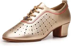 Women's Lace-Up Leather Latin Dance Shoes Ballroom 5Cm Heel with Split Sole