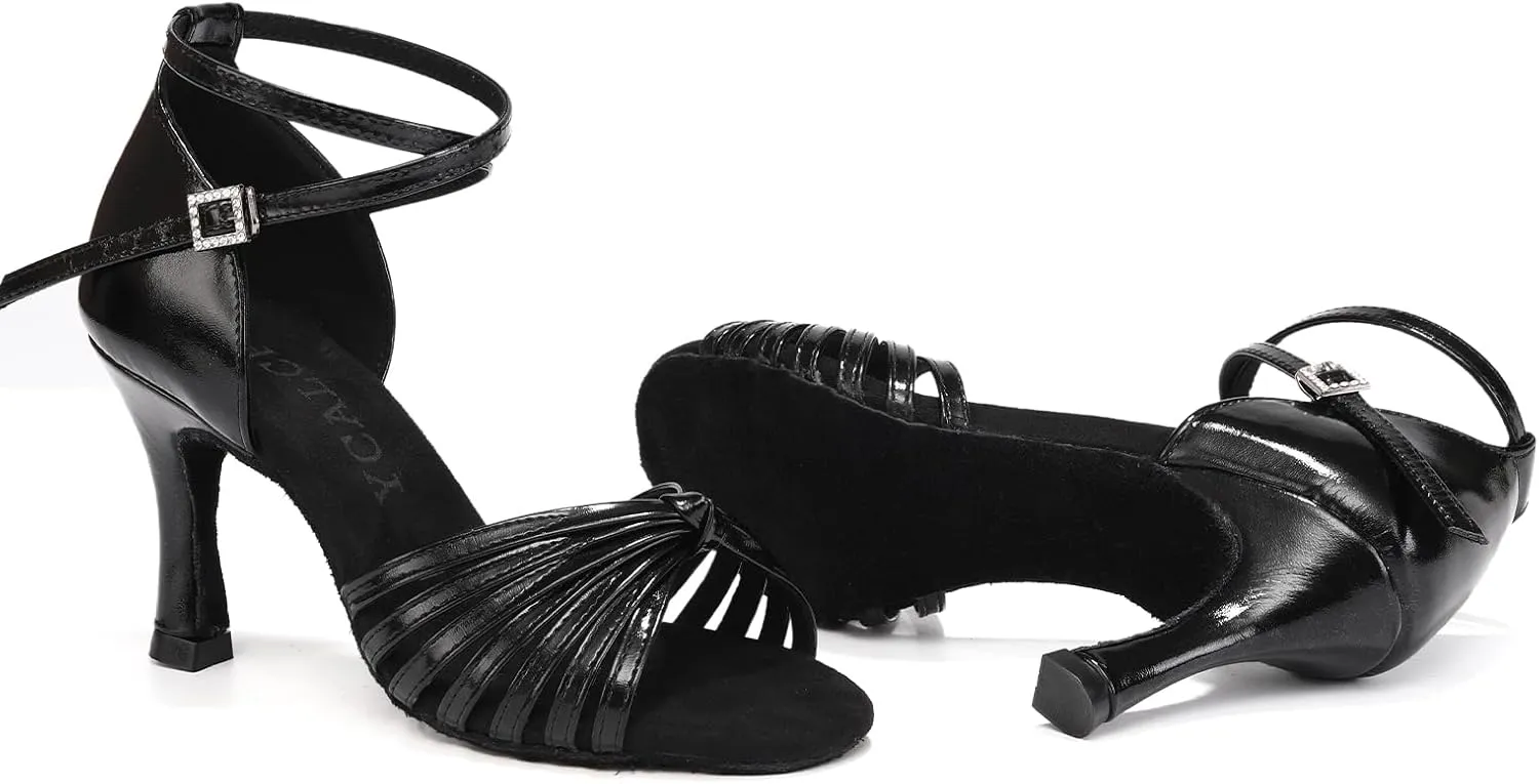 Women's Latin Dance Shoes Satin Open Toe Professional Practice Ballroom Salsa Dancing Shoes 9cm Heel