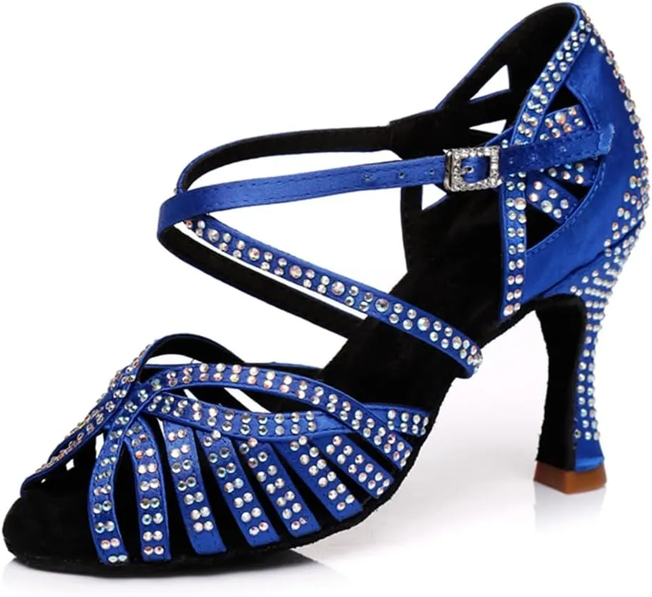 Women's Sparkle Rhinestones Peep Toe Satin Ballroom Tango Modern Party Wedding Professional Dance Shoes Blue US 5.5