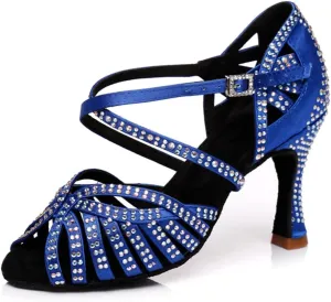 Women's Sparkle Rhinestones Peep Toe Satin Ballroom Tango Modern Party Wedding Professional Dance Shoes Blue US 5.5